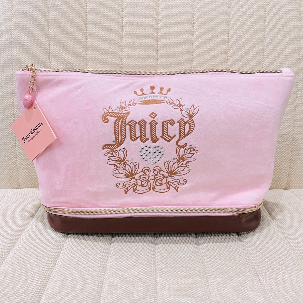 NEW Juicy Couture Pink‎ Velour Cosmetic Bag Rhinestone Crown Makeup Organizer